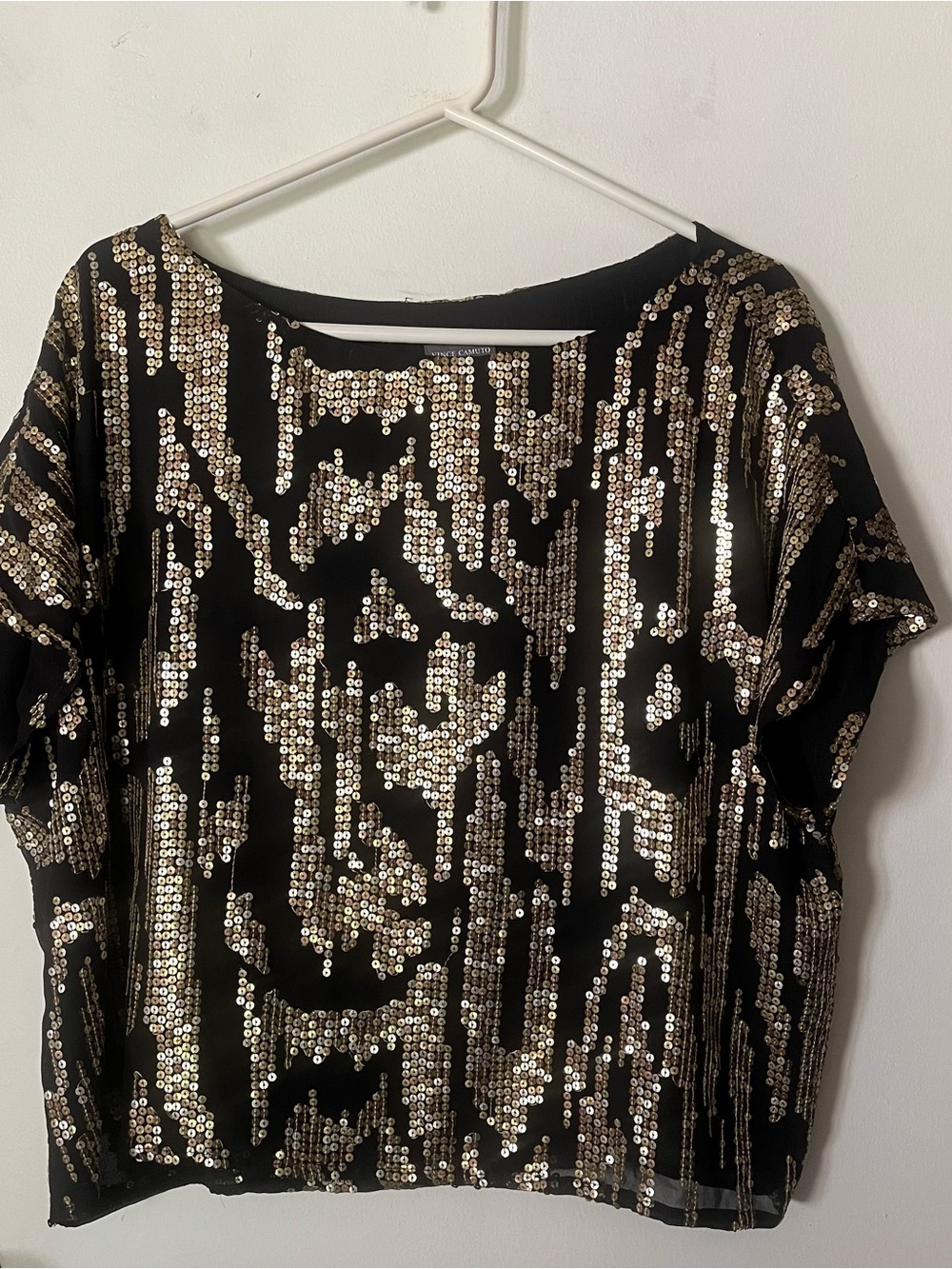 Vince Camuto Gold Sequin Blouse Black Metallic Size XL Womens Short Sleeve